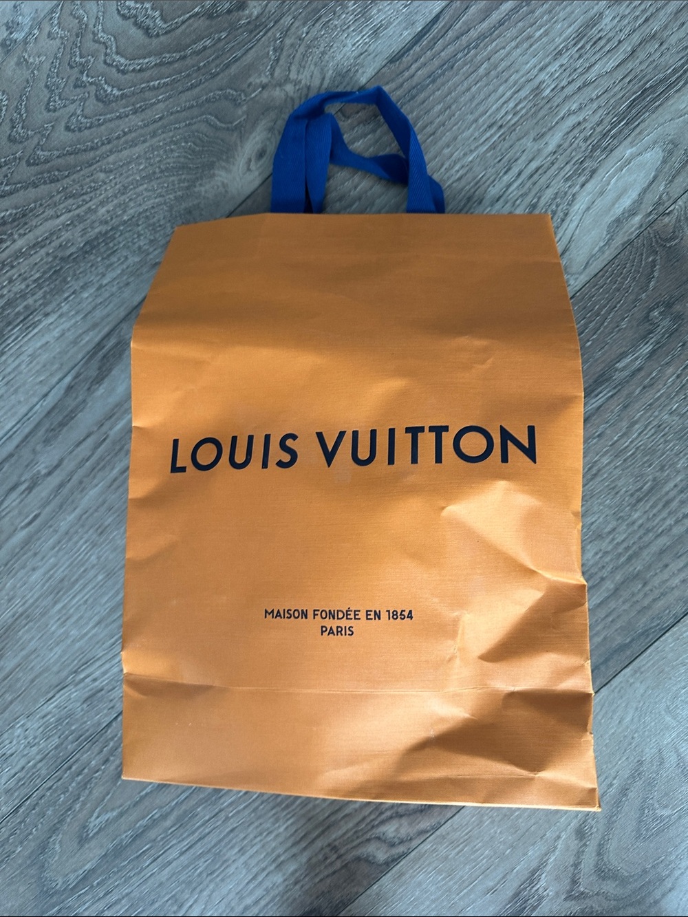 Louis Vuitton Orange Shopping Bag with Blue Handles